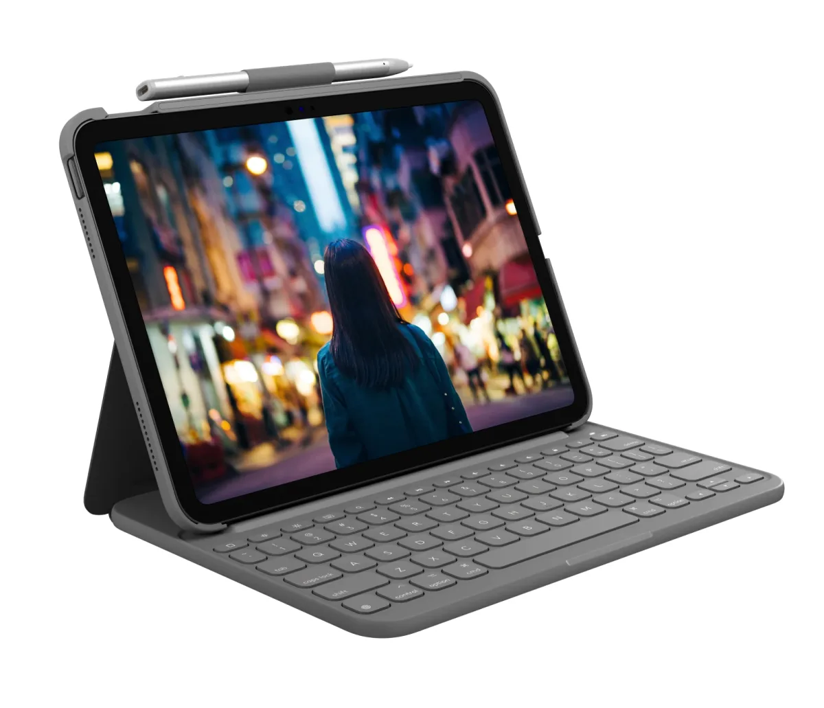Logitech Slim Folio - Keyboard and folio case - wireless - Bluetooth LE - QWERTY - UK - oxford grey - for Apple 10.9-inch iPad (10th generation)