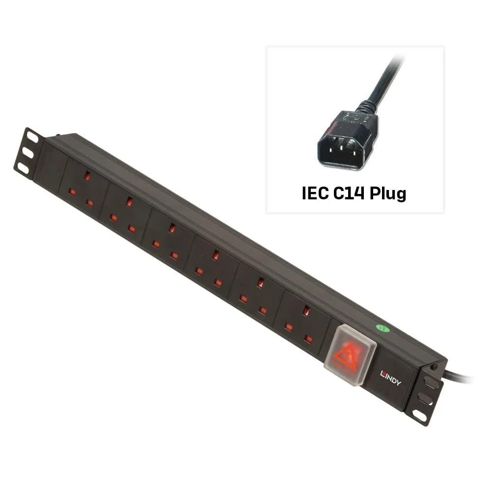 Lindy 73561 1U 6 Way UK Plug PDU 1XIEC Plug to 6X3 Pin Sockets