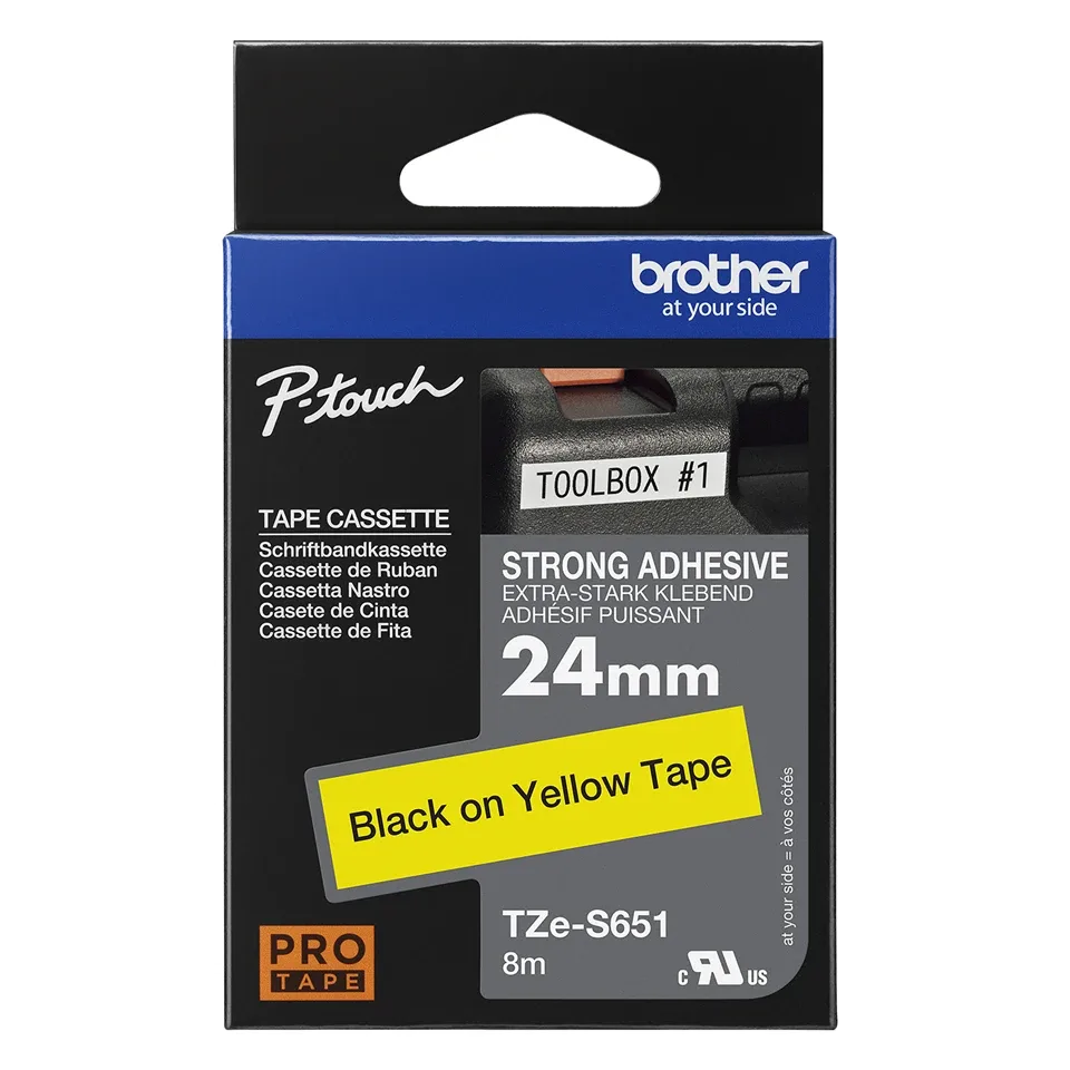 Brother TZe-S651 - Extra strength adhesive - black on yellow - Roll (2.4 cm x 8 m) 1 cassette(s) laminated tape - for Brother PT-D600, P-Touch PT-2430, 3600, 7600, 9800, D800, E500, E550, H500, P750, P900