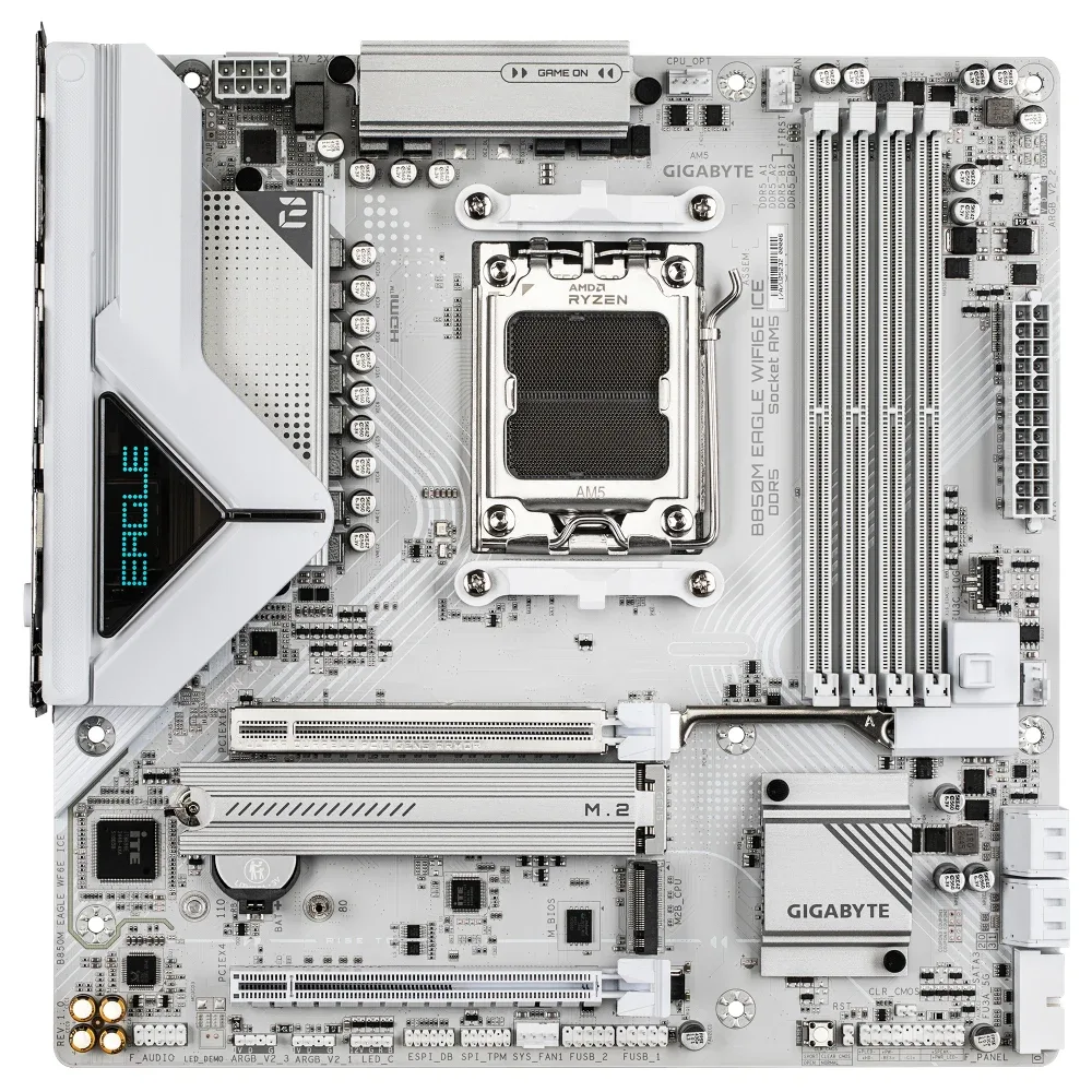 Gigabyte B850M Eagle WIFI6E ICE AMD AM5 Socket Motherboard, Micro-ATX, 4x DDR5 Slots, 2x M.2 Sockets, Fitted I/O Shield, 2.5GbE LAN, Wi-Fi 6E, 2x DisplayPorts / 1x HDMI Port