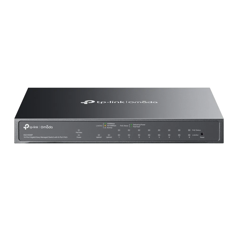TP-Link Omada ES210GMP V1 - Switch - Managed - 8 x 10/100/1000 (PoE+) + 1 x 10/100/1000 + 1 x combo Gigabit SFP/RJ-45 (uplink) - desktop, wall-mountable - PoE+ (123 W)