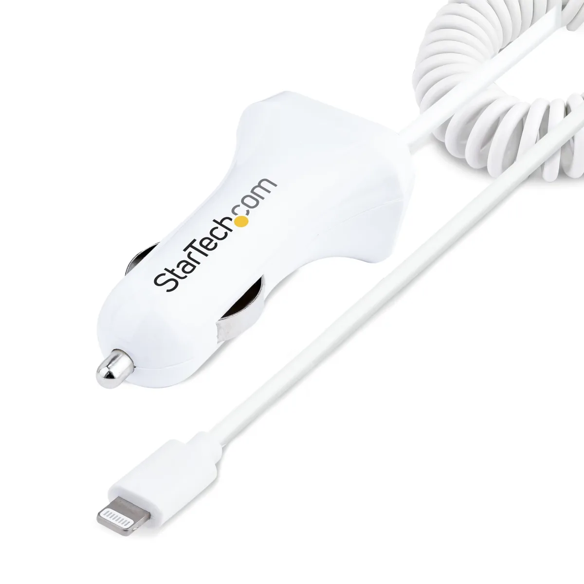 Startech Lightning Car Charger with 1m Coiled Lightning Cable, 12W, White, 2 Port USB Car Charger Adapter for Phones and Tablets, In Car Apple iPhone/iPad Charger w/ Built-in Cord - Dual USB Car Charger (USBLT2PCARW2)