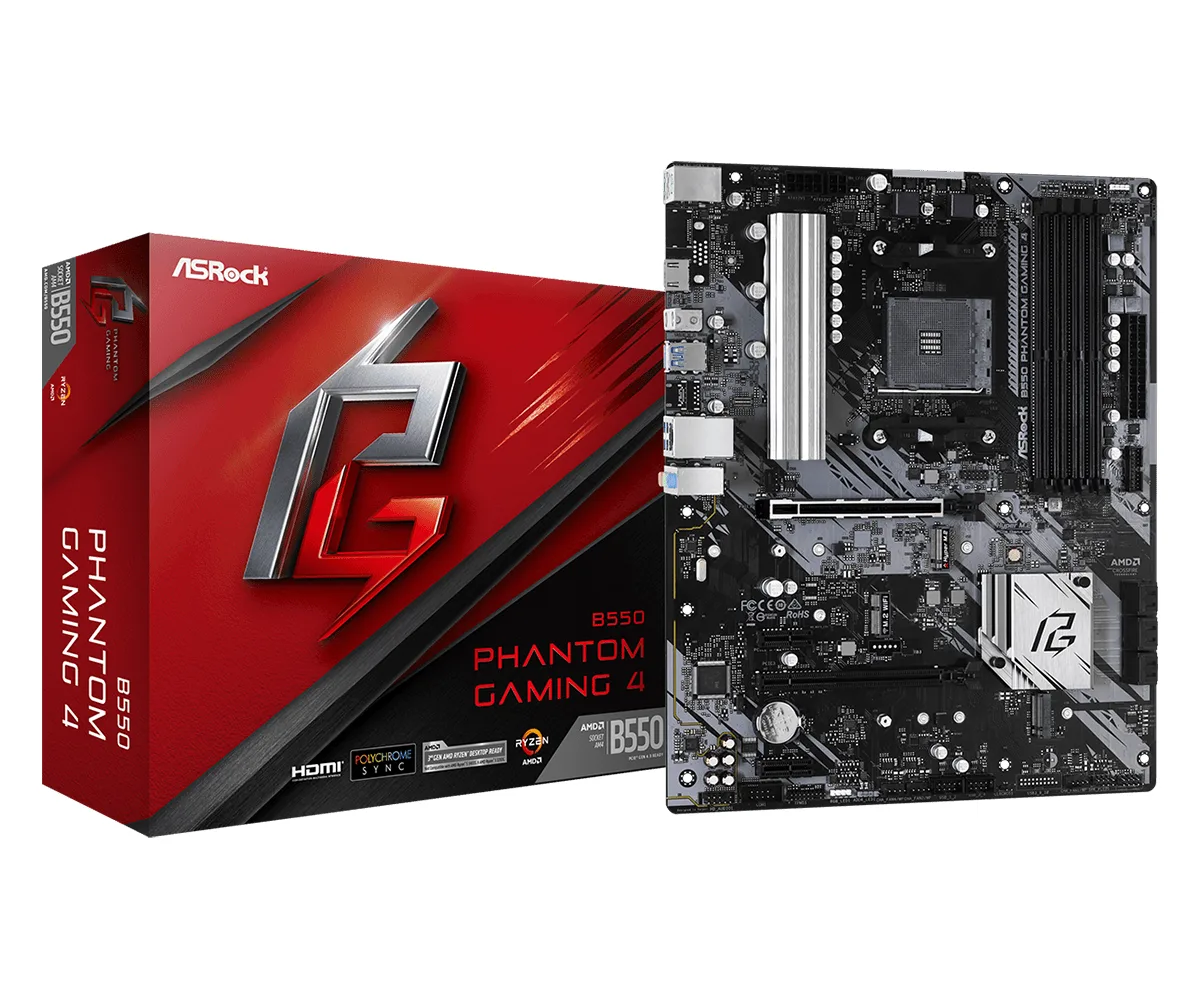 ASRock B550 Phantom Gaming 4 Super Alloy AMD AM4 Socket Motherboard, ATX, 4x DDR4 Slots, 2x M.2 Sockets, GbE LAN, 1x HDMI Port