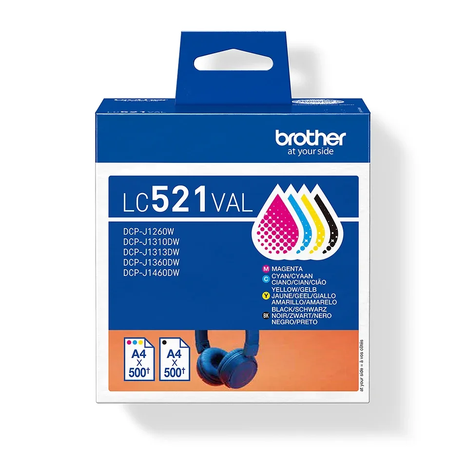Brother LC521 Value Pack - 4-pack - black, yellow, cyan, magenta - original - hanging box - ink cartridge - for Brother DCP-J1260W, DCP-J1310DW, DCP-J1313DW, DCP-J1460DW
