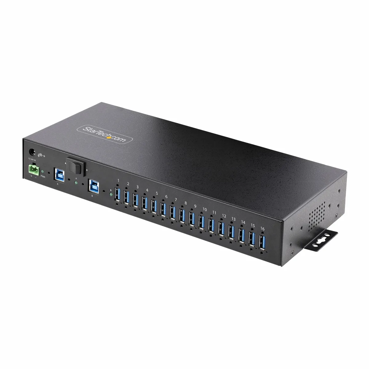 Startech 16-Port Industrial USB 5Gbps Hub with Power Adapter, Metal Enclosure, Mountable, ESD Protection, Terminal Block Power, USB Charging, Dual-Host Switch - TAA - Hub - 16 x USB 3.2 Gen 1 - desktop, rack-mountable, DIN rail mountable, wall-mountable - TAA Compliant