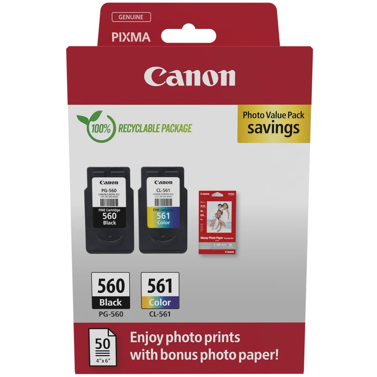 Canon PG-560/CL-561 Photo Value Pack - Glossy - 2-pack - black, colour (cyan, magenta, yellow) - original - hanging box - ink cartridge / paper kit