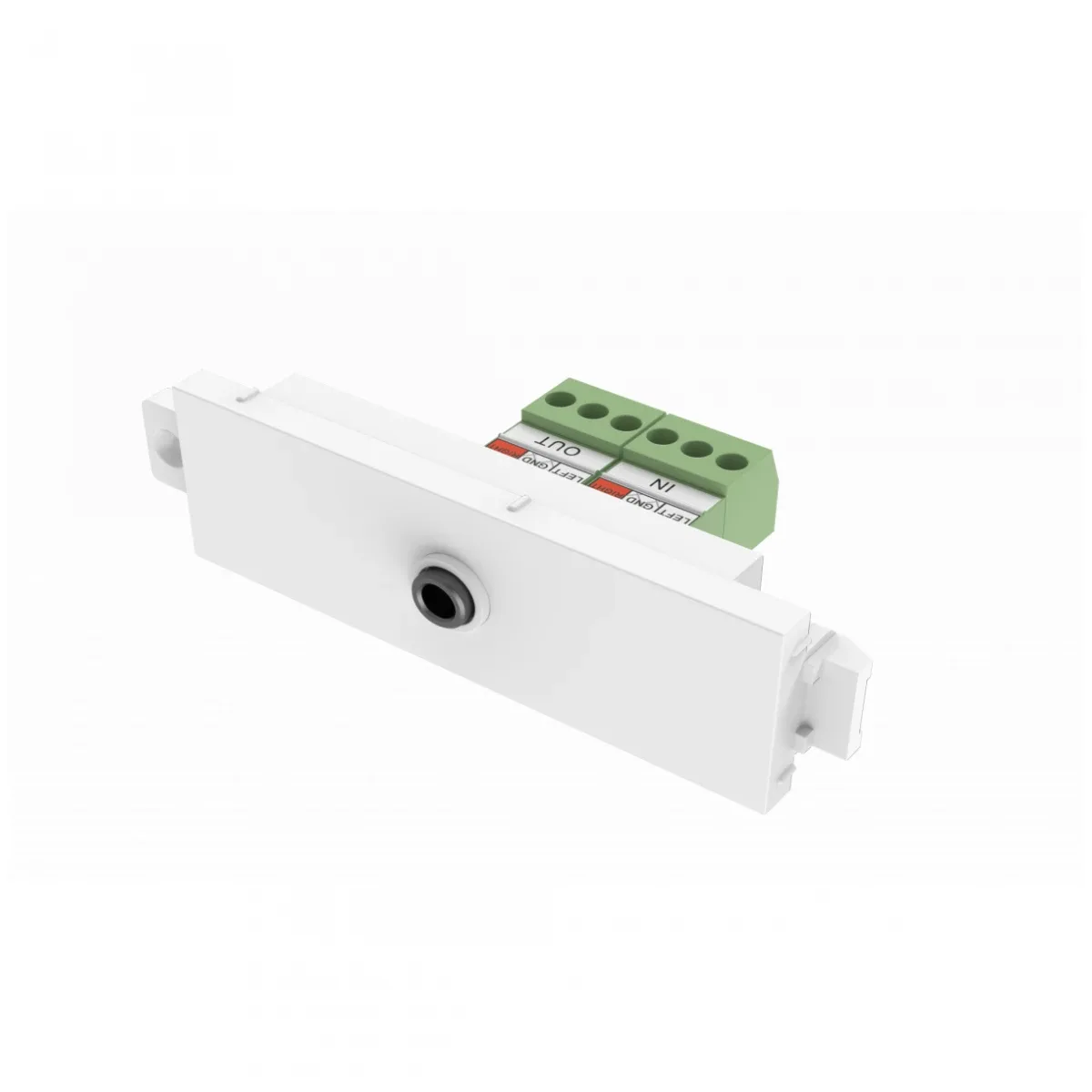 Modular AV faceplate component - 3.5 mm minijack module - for use with stereo audio cable - pass-through terminal on rear - tip ring sleeve - bare-wire phoenix connectors on rear - fixes into techconnect surrounds - plastic - white