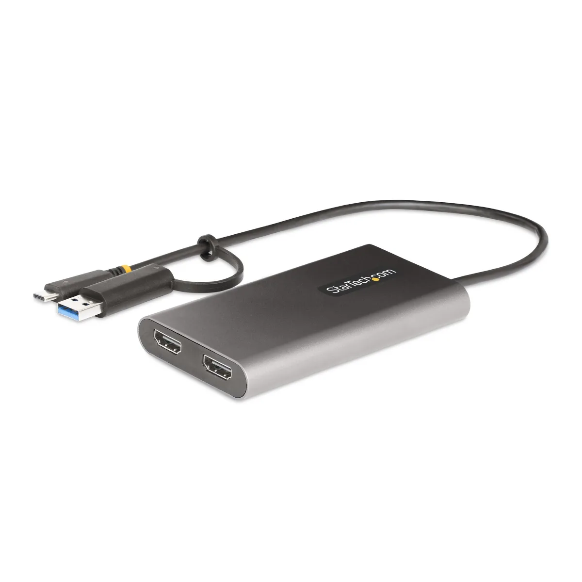 Startech USB-C to Dual-HDMI Adapter, USB-C or A to 2x HDMI, 4K 60Hz, 100W PD Pass-Through, 1ft (30cm) Built-in Cable, External Video Graphics Adapter - USB to HDMI Multi-Monitor Converter for Laptop (109B-USBC-HDMI) - Adapter - TAA Compliant - USB Type A, USB-C male to 2 x 19 pin HDMI Type A, USB-C female - 30 cm - grey - 4K support, active