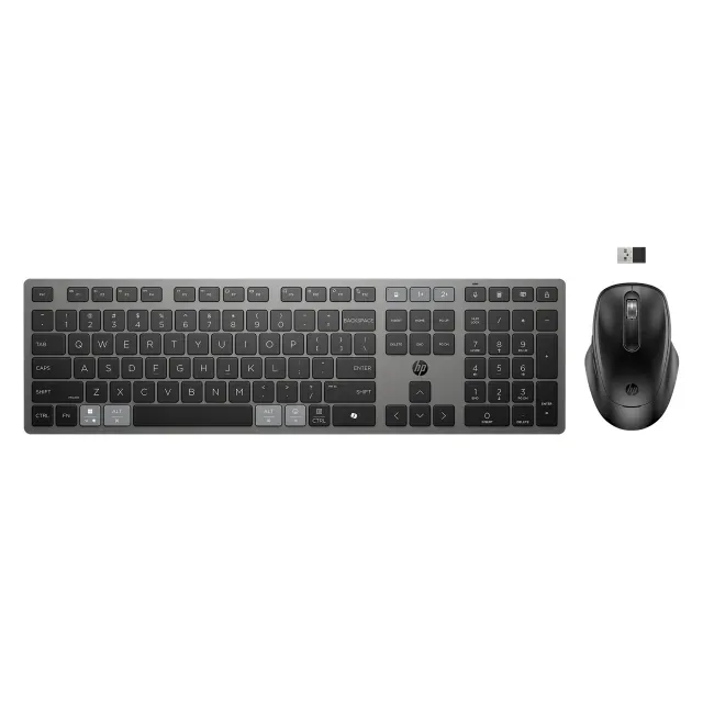 HP 725 - Keyboard and mouse set - multi-device, rechargeable, powered by SuperCapacitor - full size - wireless - Bluetooth, 2.4 GHz - UK - nightfall black - Smart Buy