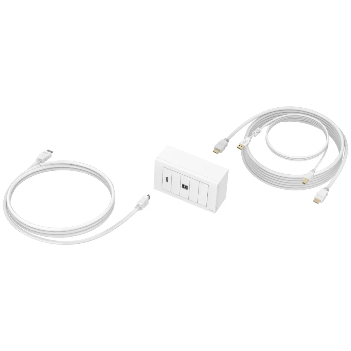 Modular AV faceplate and cable package - 5 metre cables - 4k at 60 hz - simple pack for installing touch panel display or projector - includes UK double-gang backbox and double-gang surround that accommodates five modules - modules included: 1 x HDMI module, 1 x USB B (3.0 with b on front , a on rear) module - input patch cable included: 1 x 3 m HDMI 8k cable (28 awg) - output cables included: 1 x 5 m HDMI 8k cable (28 awg), 1 x 5 m USB cable - all cables and faceplate white