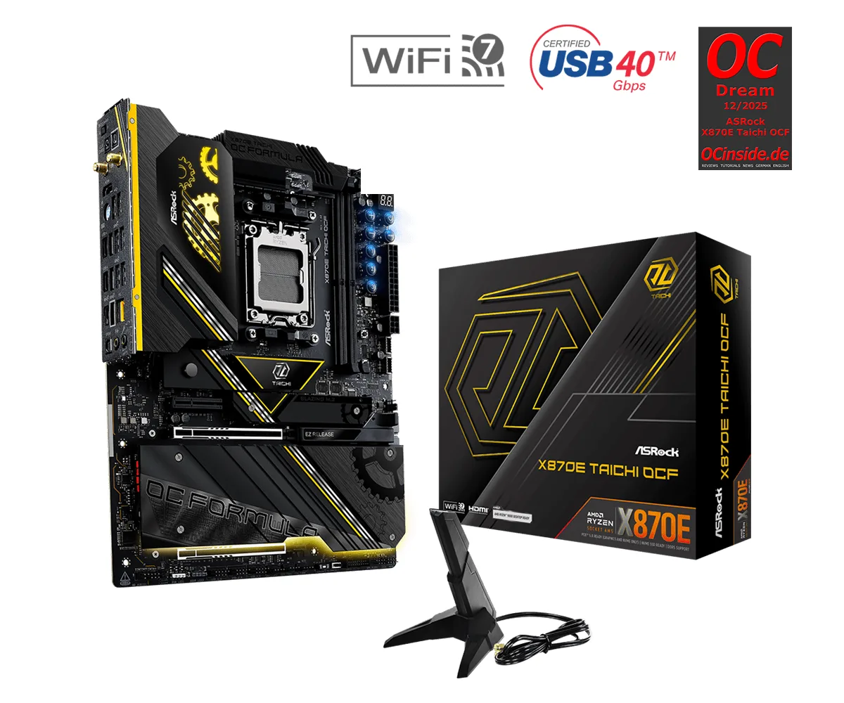 ASRock X870E TAICHI OCF AMD AM5 Socket Motherboard, ATX, 2x DDR5 Slots, 6x M.2 Sockets, Fitted I/O Shield, 5GbE LAN, Wi-Fi 7, 1x HDMI Port