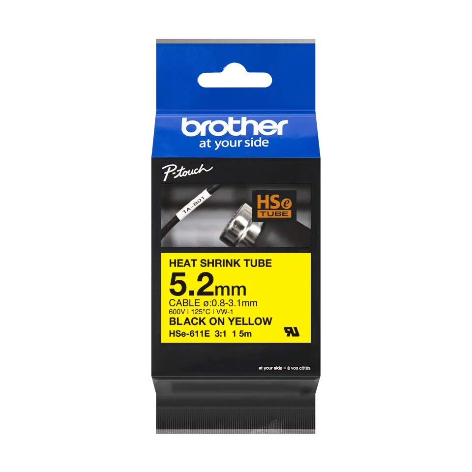Brother HSe-611E - Black on yellow - Roll (0.52 cm x 1.5 m) 1 cassette(s) hanging box - heat shrink tube tape - for P-Touch PT-D800W, PT-E550WVP
