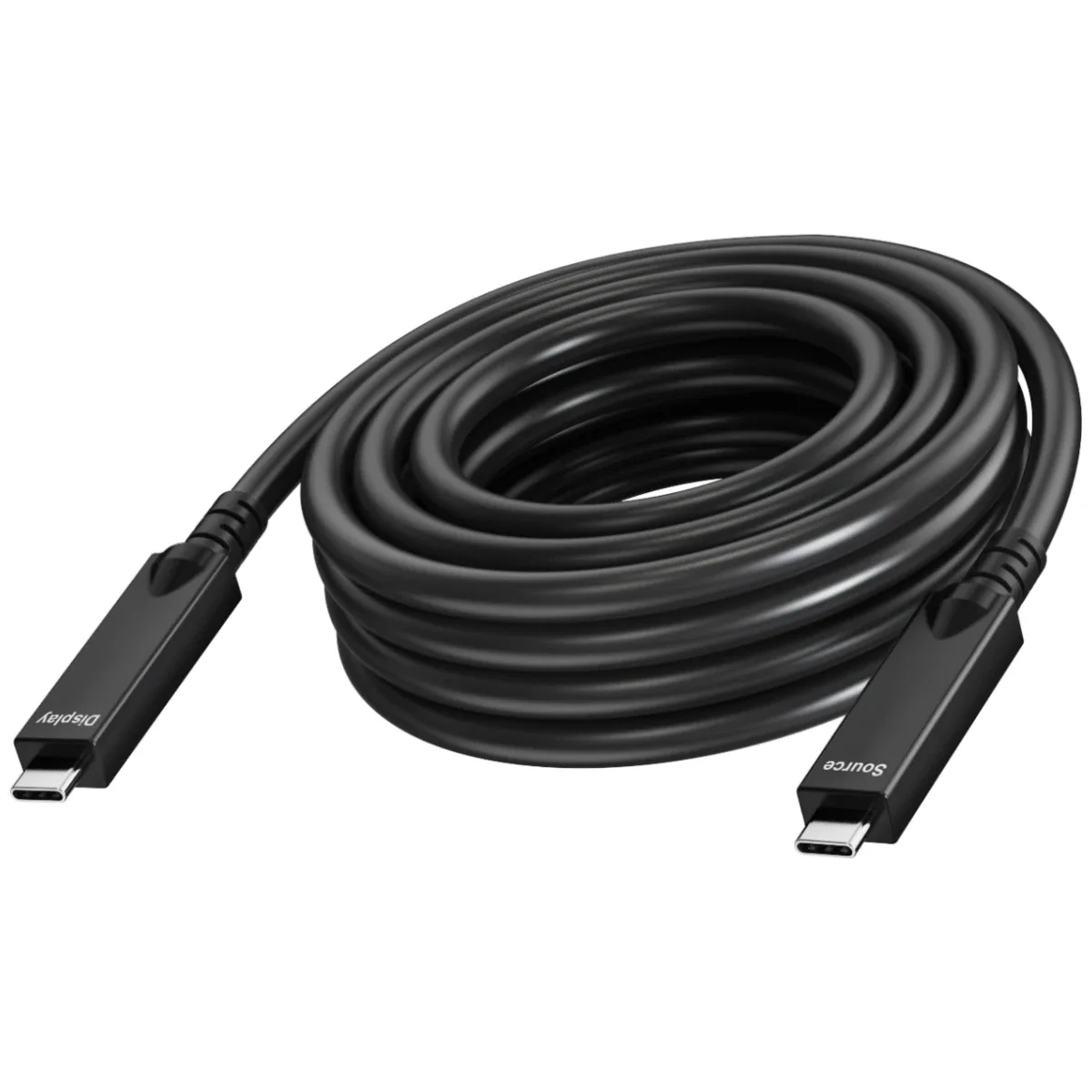 15 m USB C cable - active optical cable - 2 lane supports DP 1.4 (16.2 gbps) and USB 2.0 (480 mbps) - 4 lane supports DP 2.1 (40 gbps) and USB 3.2 (10 gbps) - supports pd 60w charging current - reinforced by kevlar - USB C 3.2 (m) to USB C 3.2 (m) - outer diameter 6.5 mm - 22+30 awg - black