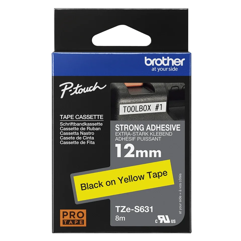 Brother TZe-S631 - Extra strong self-adhesive - black on yellow - Roll (1.2 cm x 8 m) 1 cassette(s) laminated tape - for Brother PT-P950, P-Touch PT-E550, P-Touch Cube Plus PT-P710, P-Touch Cube Pro PT-P910