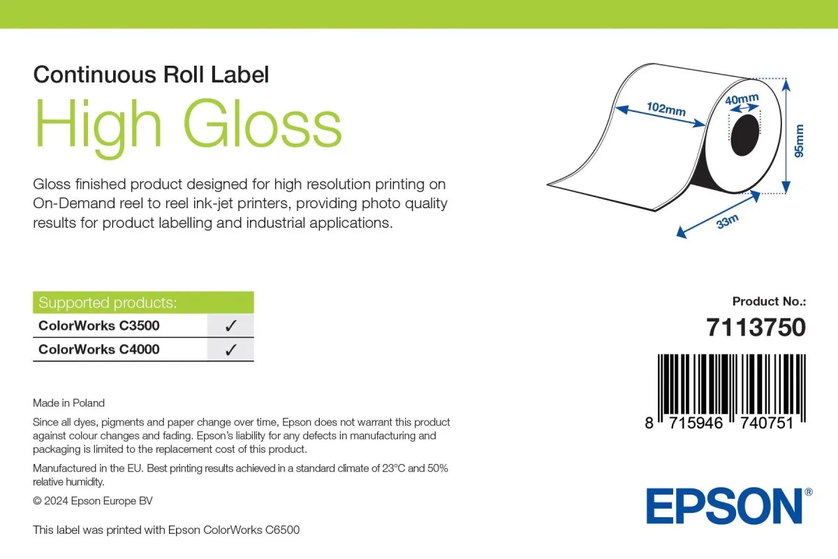 Epson 7113750 High Gloss Label Continuous Roll 102MM X 33M