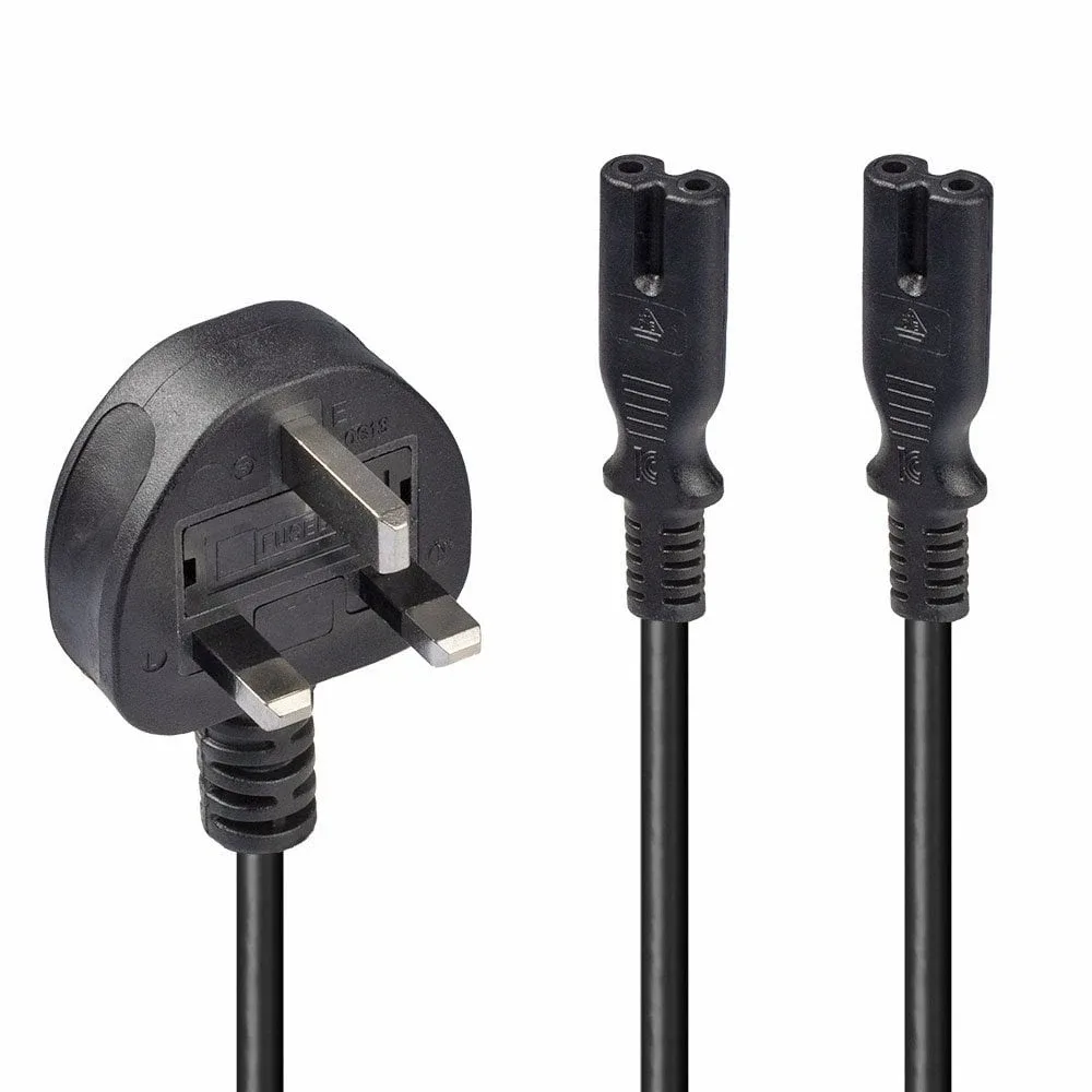 Lindy 30372 2.5M Y Mains Power Cbl UK 3 Pin Plug to 2 X Iec C7