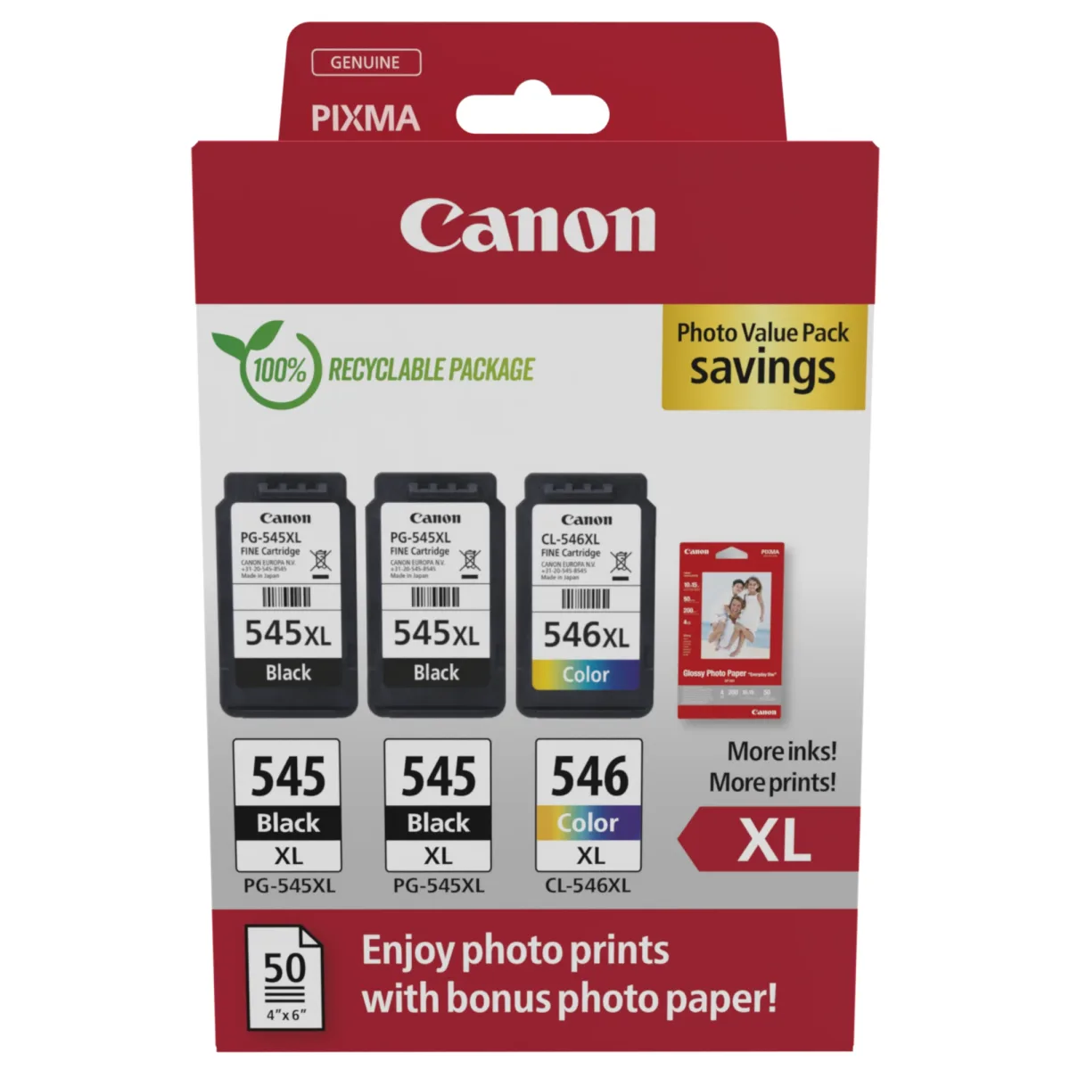 Canon PG-545 XL/CL-546XL Photo Value Pack - 3-pack - black, colour (cyan, magenta, yellow) - original - ink cartridge / paper kit
