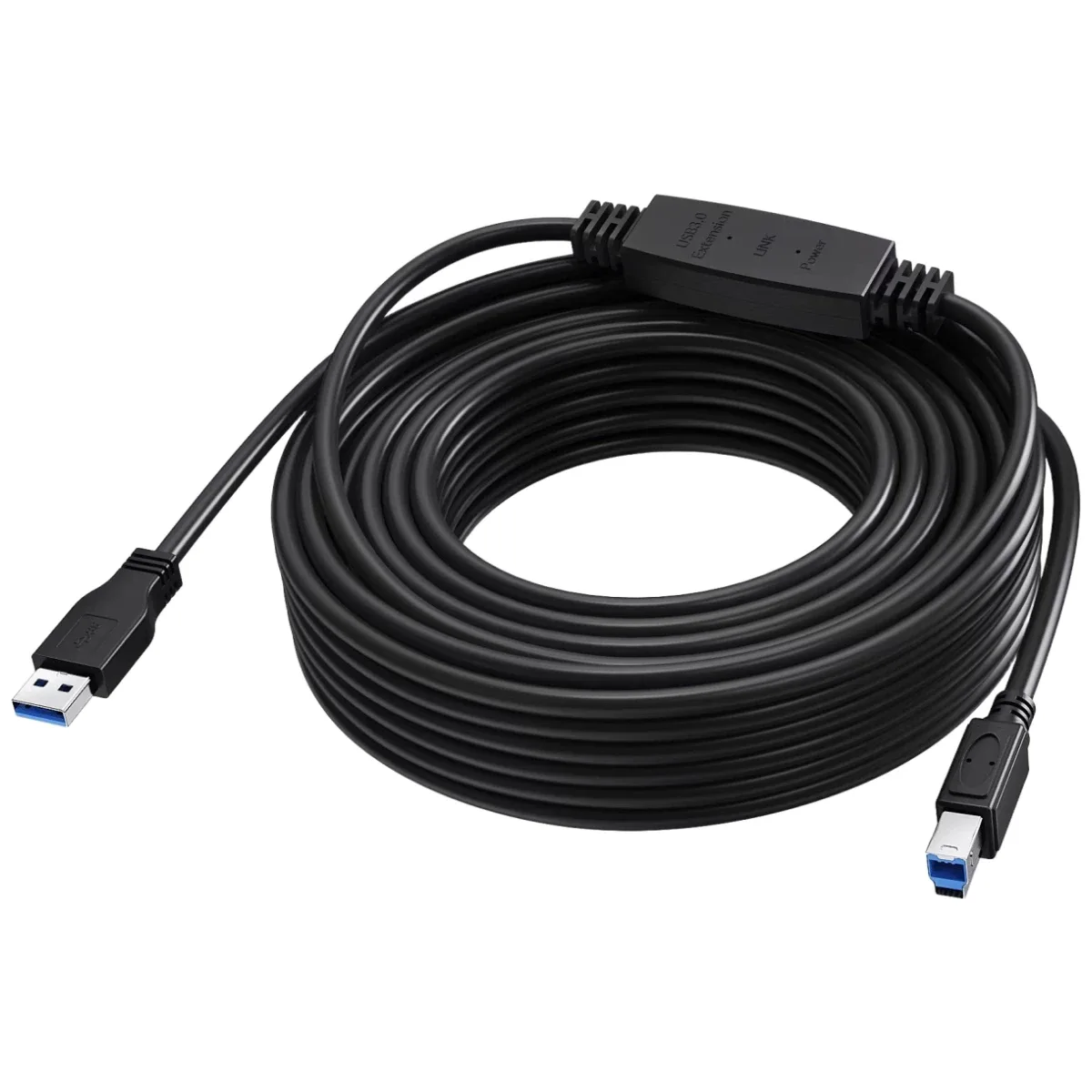 15 m USB 3.0 cable - active booster half way along cable - nickle plated connectors - bandwidth 5 Gbps - USB A (m) to USB B (m) - diameter 5.5 mm - 28+24 awg - black