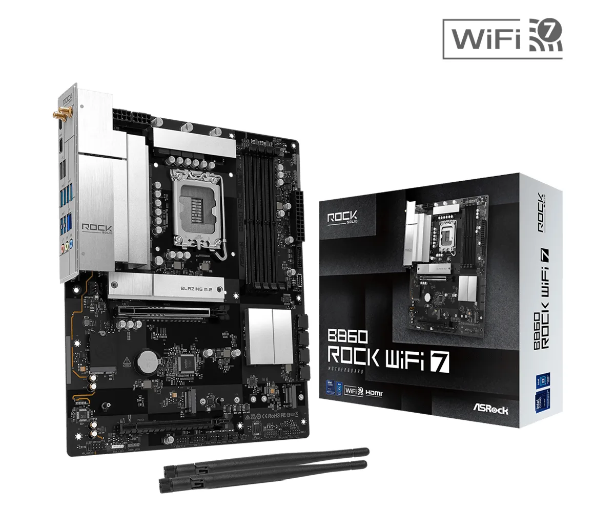 ASRock B860 Rock WiFi 7 Intel 1851 Socket Motherboard, ATX, 4x DDR5 Slots, 3x M.2 Sockets, Fitted I/O Shield, 2.5GbE LAN, Wi-Fi 7, 1x HDMI Port