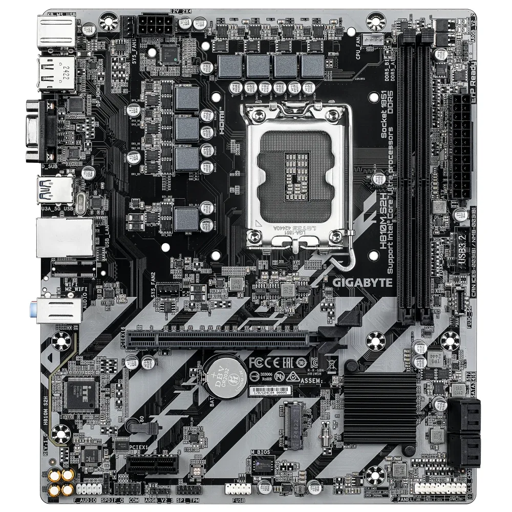 Gigabyte H810M S2H Intel 1851 Socket Motherboard, Micro-ATX, 2x DDR5 Slots, 1x M.2 Socket, GbE LAN, 1x D-Sub / 1x DisplayPort / 1x HDMI Port