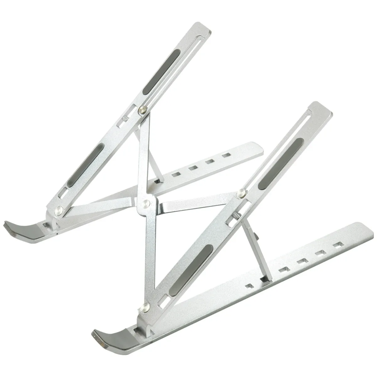 Laptop folding desk stand - folding design for travel - seven angle options - steepest angle 39 degrees - abs plastic construction is 66 grams lighter than aluminium alloy alternatives - weighs 171 grams - silicon anti skid pads protect laptop and table - silver