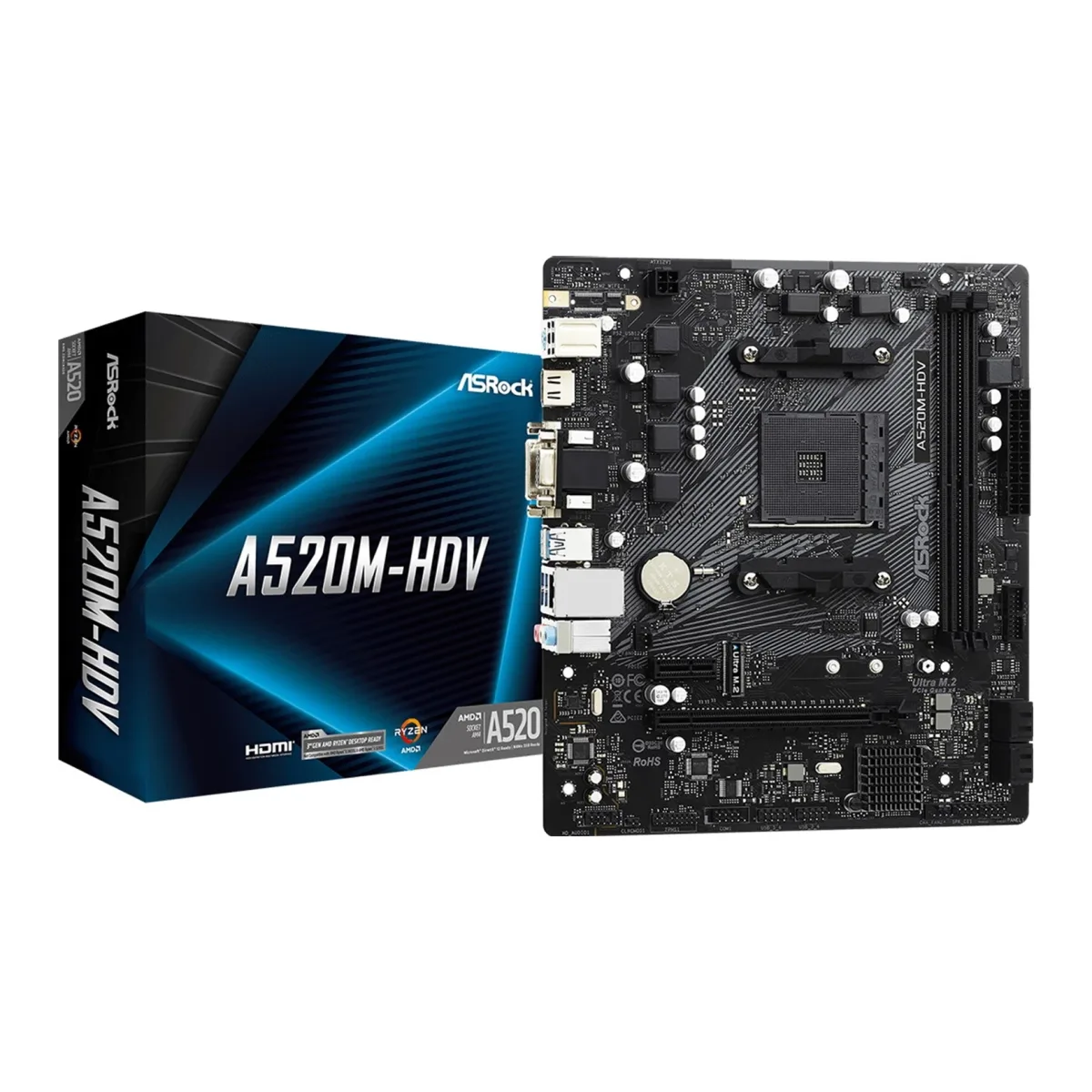 ASRock A520M-HDV Super Alloy AMD AM4 Socket Motherboard, Micro-ATX, 2x DDR4 Slots, 1x M.2 Socket, GbE LAN, 1x D-Sub / 1x DVI-D / 1x HDMI Port