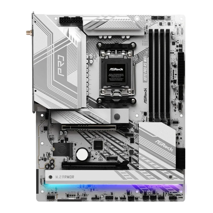 ASRock X870 PRO RS WIFI AMD AM5 Socket Motherboard, ATX, 4x DDR5 Slots, 3x M.2 Sockets, Fitted I/O Shield, 2.5GbE LAN, Wi-Fi 7, 1x HDMI Port / 2x USB-C (USB4)