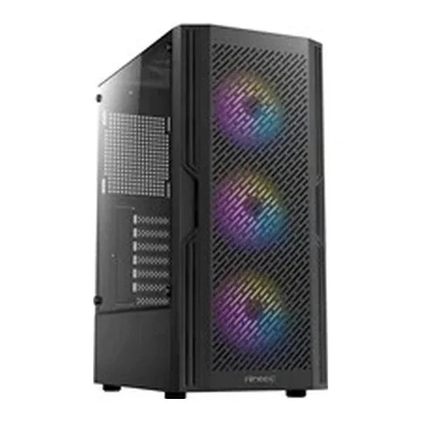 Antec AX20 Case, Black, Mid Tower, 1 x USB 3.0 / 2 x USB 2.0, Tempered Glass Side Window Panel, Slanted Bar & Mesh Design for Massive Airflow, 3 x Pre-Installed RGB LED Fans, ATX, Micro ATX, Mini-ITX Compatible