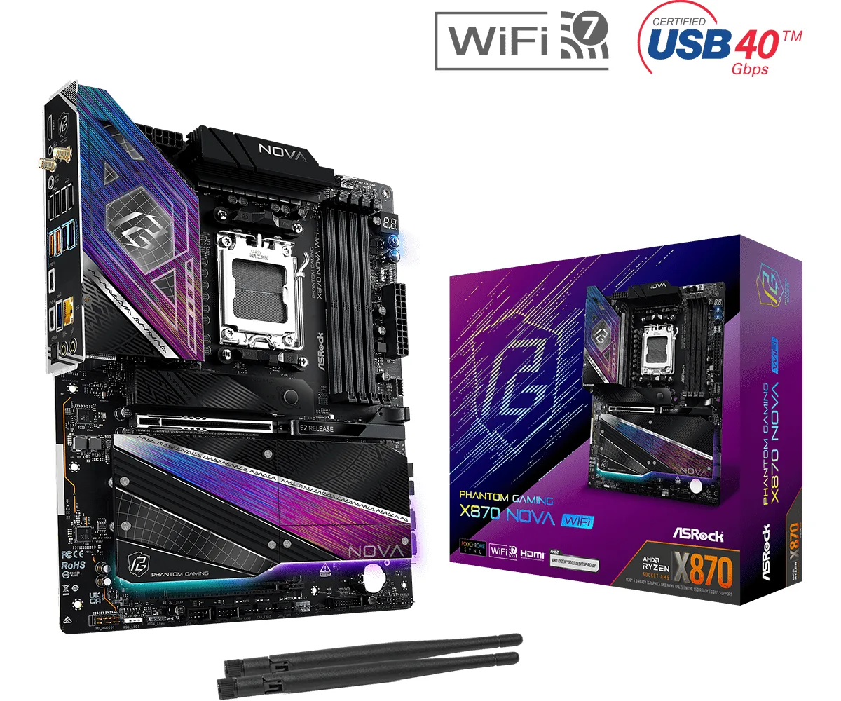 ASRock PHANTOM GAMING X870 Nova WiFi AMD AM5 Socket Motherboard, ATX, 4x DDR5 Slots, 5x M.2 Sockets, 5GbE LAN, Wi-Fi 7, 1x HDMI Port / 2x USB-C (USB4)