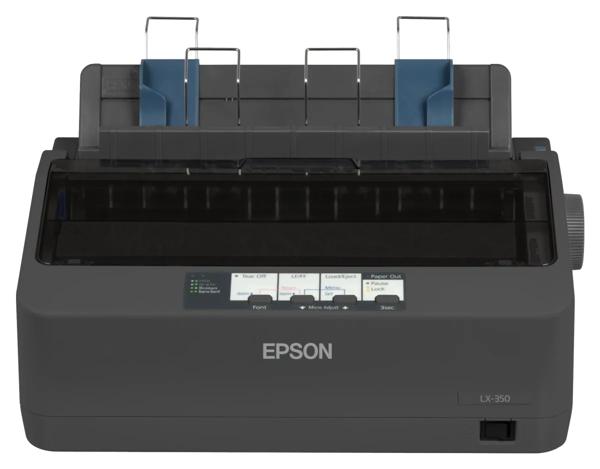 Epson LX-350 Dot matrix printer, 9 pins, 80 column, original + 4 copies, 347 cps HSD (10 cpi), Epson ESC/P - IBM 2380+ emulation, 3 fonts, 8 BarCode fonts, 3 paper paths, single and continous sheet, paper park, USB, Parallel and Serial I/F