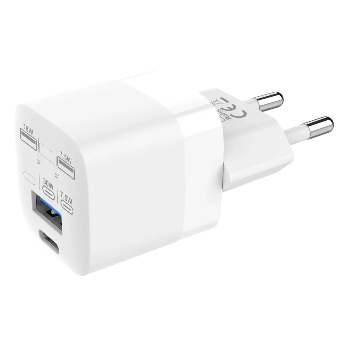 USB A and C Fast Charger with EU Plug adapter - from mfi certified factory - 30 w - 5v 3a or 9v 3a or 12v 2.5a or 15v 2a or 20v 1.5a - USB c socket - USB a socket - EU CEE 7/7 schuko plug - gallium nitride (gan) transistors makes it very compact - fast ch