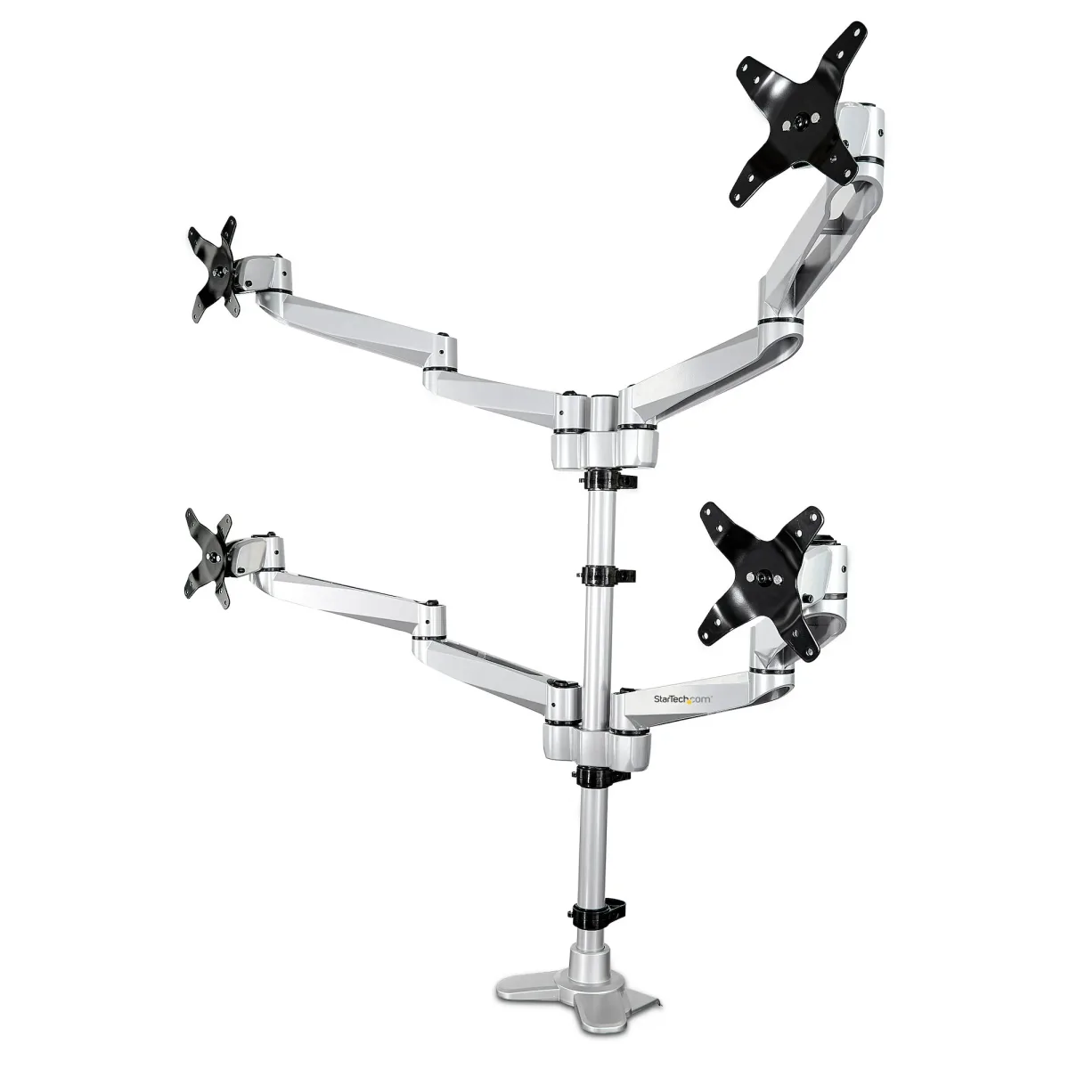 Startech Desk Mount Quad Monitor Arm, Premium Articulating VESA 4 Monitor Mount 2x2 up to 27", Ergonomic Height Adjustable Pole Mount, Tilt/Swivel/Rotate, C-Clamp/Grommet, Silver - Heavy-duty VESA Mount (ARMQUADPS) - Mounting kit - adjustable arm - for 4 monitors - aluminium - silver - screen size: 13"-27" - desk-mountable - TAA Compliant