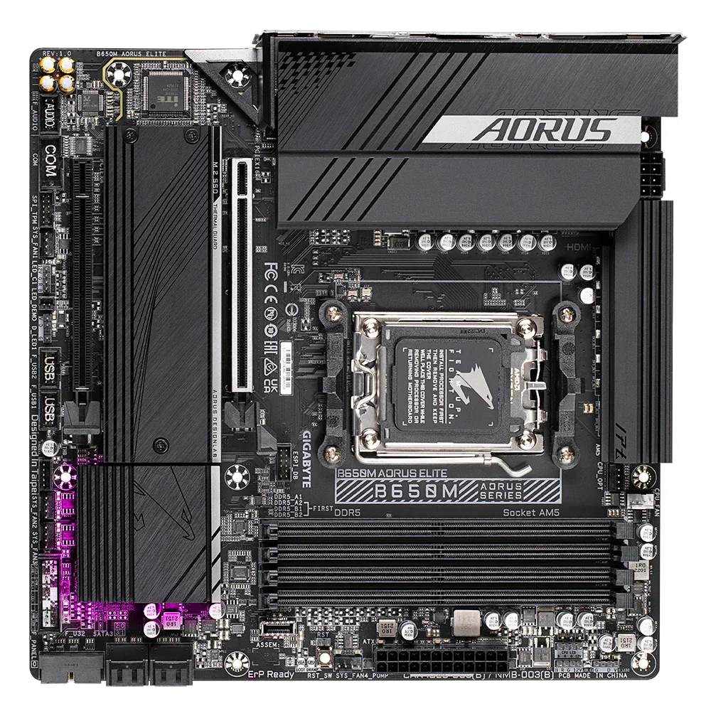 Gigabyte B650M AORUS ELITE AMD AM5 Socket Motherboard, Micro-ATX, 4x DDR5 Slots, 2x M.2 Sockets, Fitted I/O Shield, 2.5GbE LAN, 1x DisplayPort / 1x HDMI Port