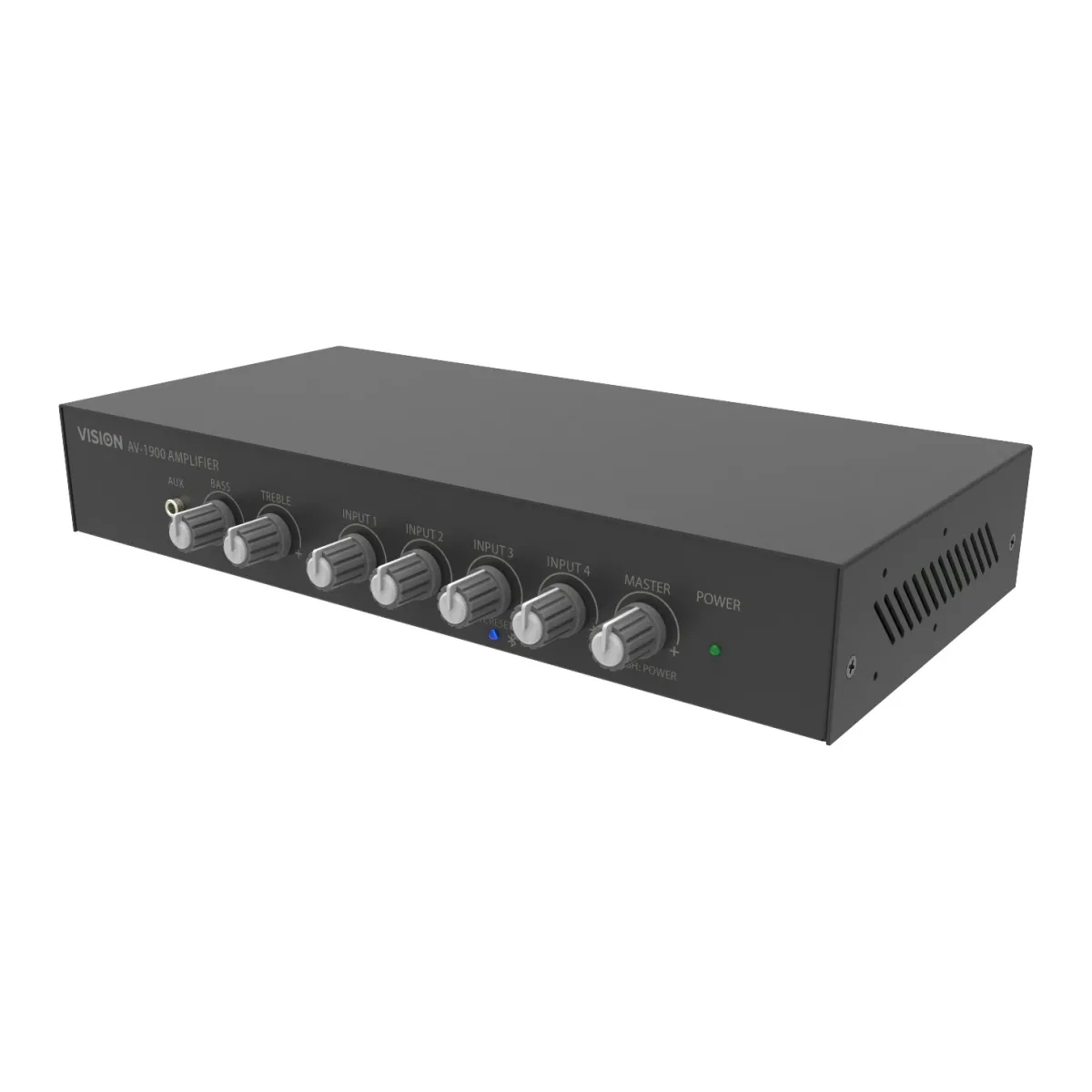Low impedance audio amplifier - 2 x 50w (RMS at 8 ohms) - RS232 - bluetooth (renameable, set pin) - 4 x inputs each either line-level or mic (balanced with trim adjustment and switchable phantom power) - pre-mix line out - rack mount - can drive two pairs of speakers - black