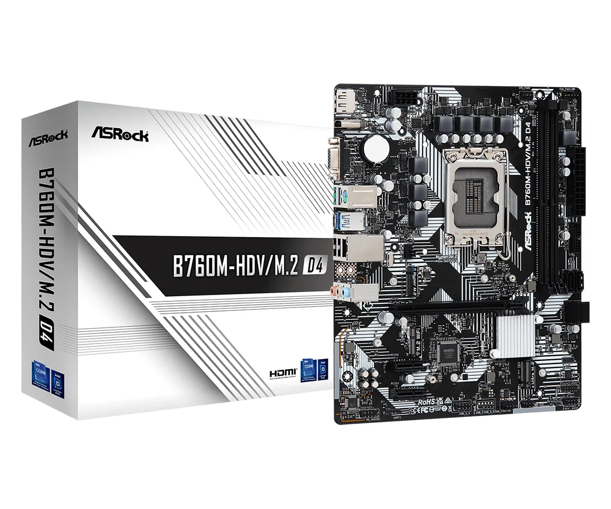 ASRock B760M-HDV/M.2 D4 Intel 1700 Socket Motherboard, Micro-ATX, 2x DDR4 Slots, 2x M.2 Sockets, GbE LAN, 1x D-Sub / 1x DisplayPort / 1x HDMI Port
