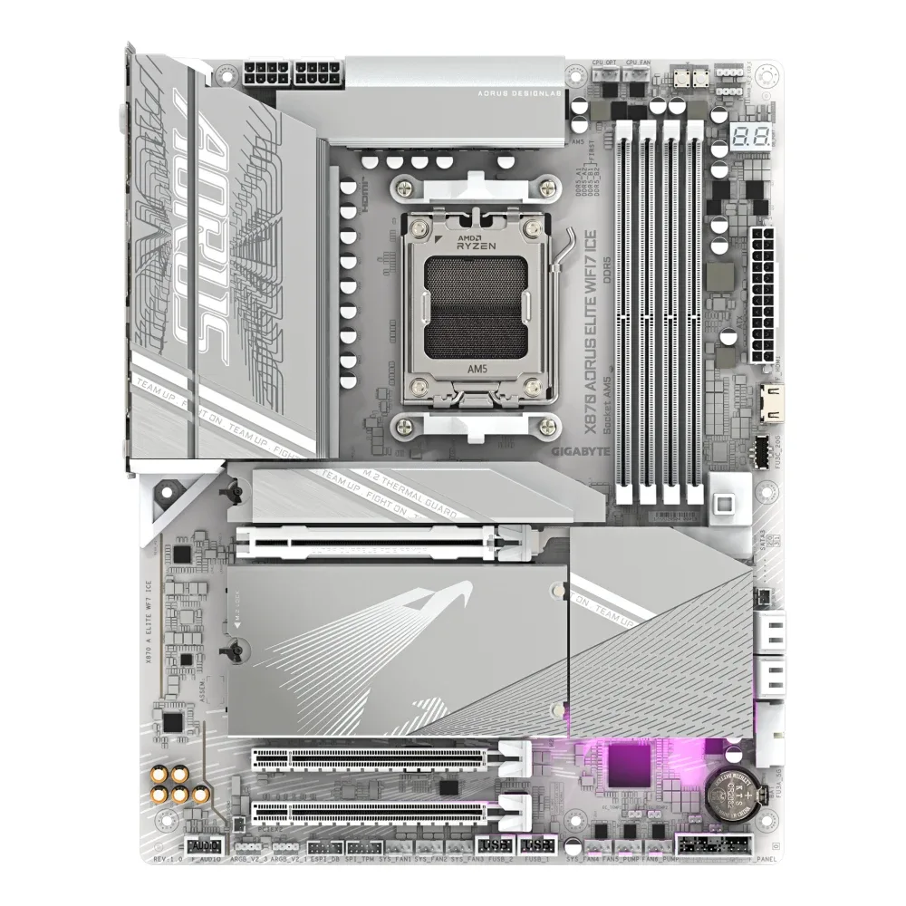 Gigabyte X870 AORUS ELITE WIFI7 ICE AMD AM5 Socket Motherboard, ATX, 4x DDR5 Slots, 4x M.2 Sockets, Fitted I/O Shield, 2.5GbE LAN, Wi-Fi 7, 1x HDMI Port / 2x USB-C (USB4)