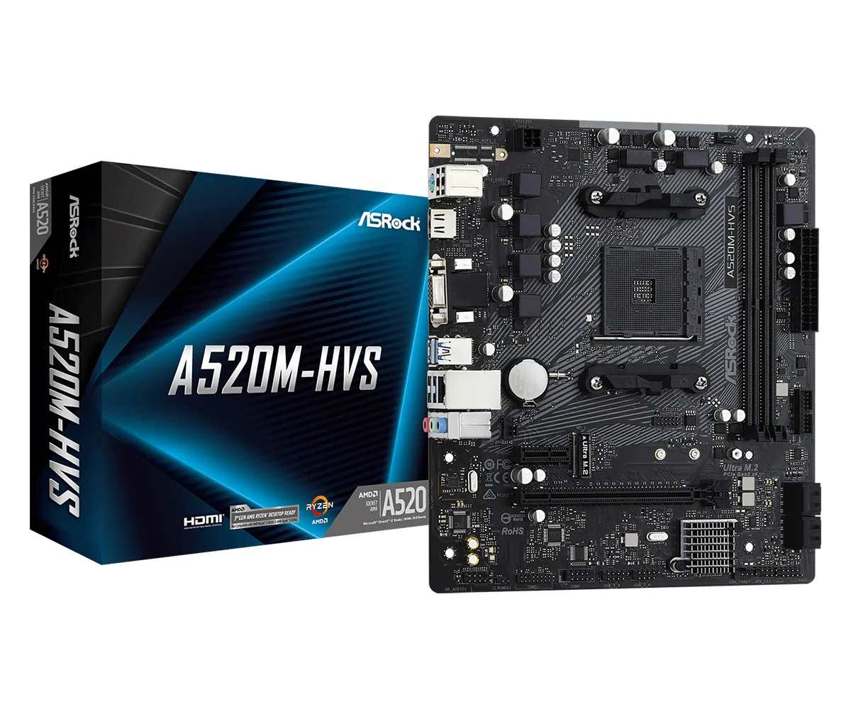 ASRock A520M-HVS Super Alloy AMD AM4 Socket Motherboard, Micro-ATX, 2x DDR4 Slots, 1x M.2 Socket, GbE LAN, 1x D-Sub / 1x HDMI Port