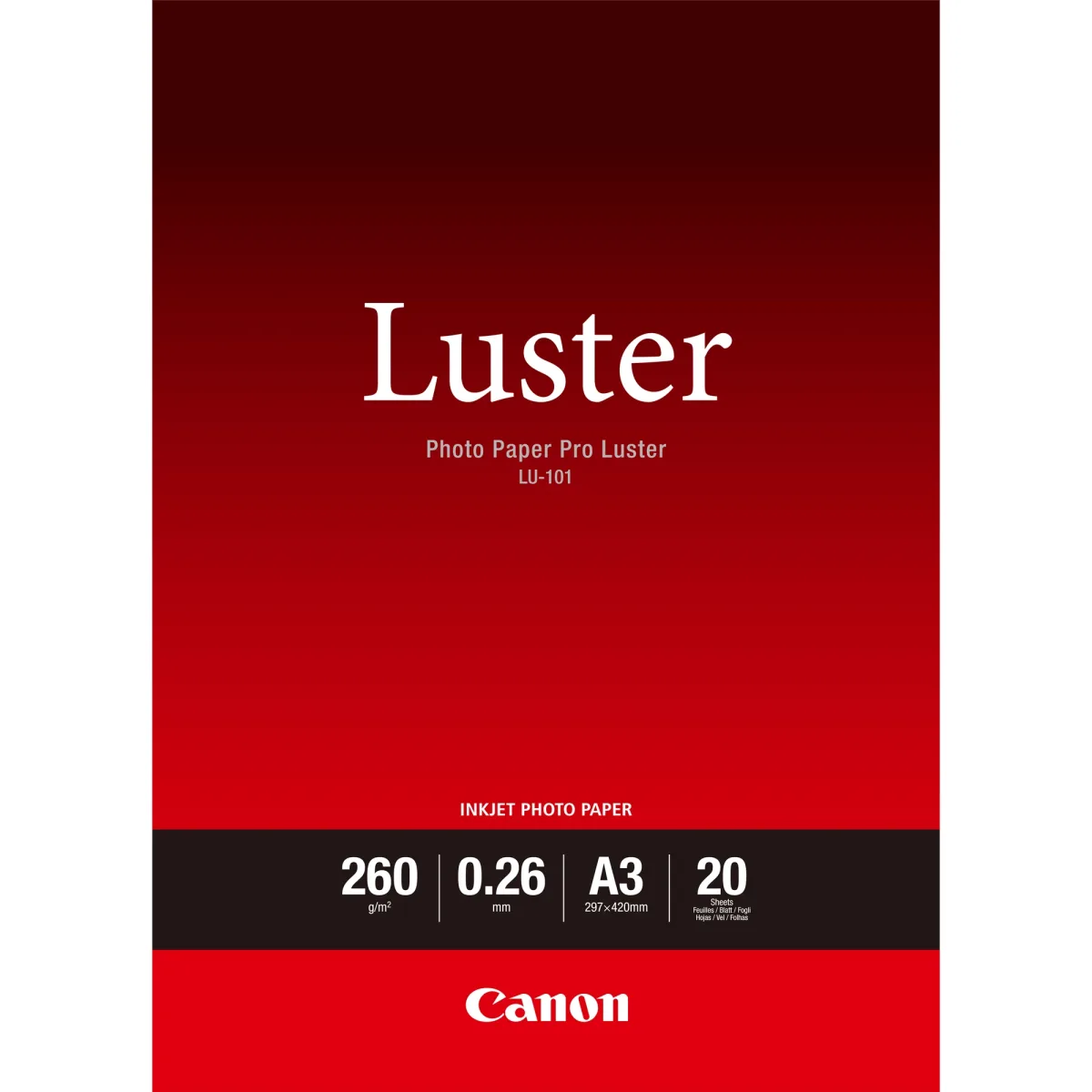 Canon Photo Paper Pro Luster LU-101 - Luster - 260 micron - A3 (297 x 420 mm) - 260 g/m² - 20 sheet(s) photo paper - for PIXMA PRO-1, PRO-10, PRO-100