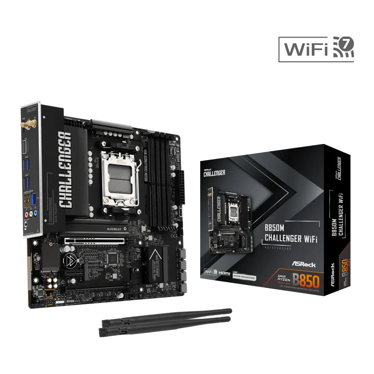 ASRock B850M Challenger WiFi AMD AM5 Socket Motherboard, Micro-ATX, 4x DDR5 Slots, 2x M.2 Sockets, Fitted I/O Shield, 2.5GbE LAN, Wi-Fi 7, 1x HDMI Port