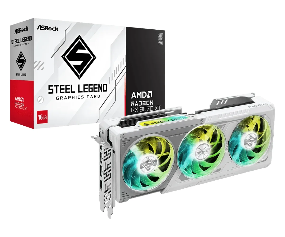 ASRock AMD Radeon RX 9070 XT Steel Legend 16GB GDDR6 Graphics Card, 4096 Streams, 2970 MHz Boost Clock, Triple Fan, 3x DisplayPorts / 1x HDMI Port