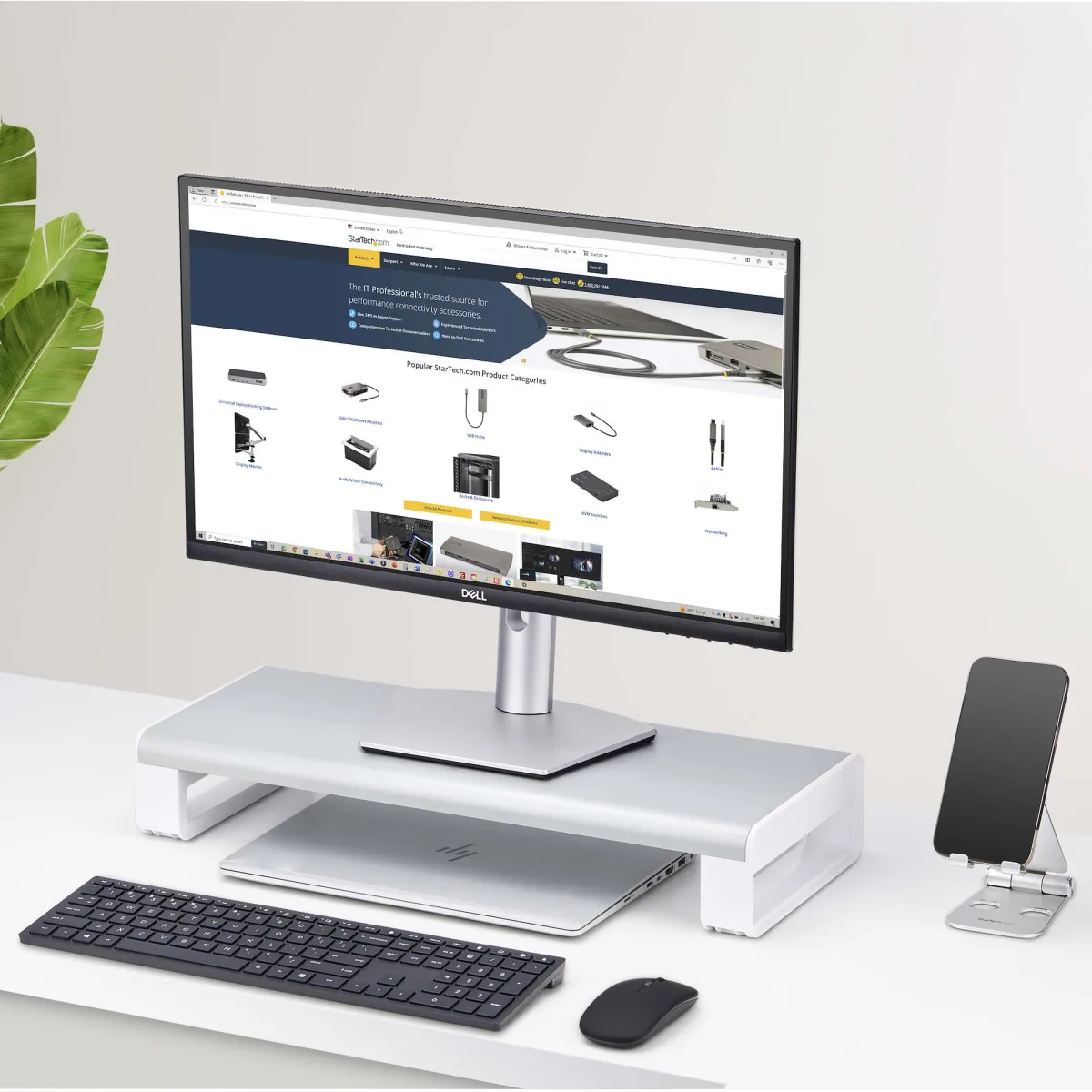 StarTech Ergonomic Monitor Riser Stand, 33lb Max, Fixed height 3.5in - Monitor stand - desktop - white & silver - TAA Compliant