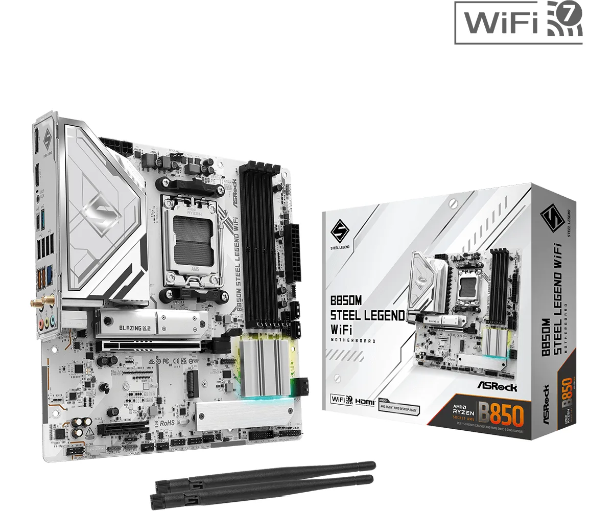 ASRock B850M Steel Legend WiFi AMD AM5 Socket Motherboard, Micro-ATX, 4x DDR5 Slots, 3x M.2 Sockets, Fitted I/O Shield, 2.5GbE LAN, Wi-Fi 7, 1x DisplayPort / 1x HDMI Port