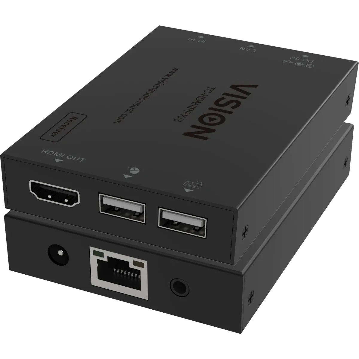 HDMI and USB over IP Receiver - receiver only, transmitter needs to be purchased separately - transmits HDMI one to one or one to many - transmits USB 1.1 - plug and play - IR pass though - if just one receiver you can connect directly and bypass network - maximum resolution HD 1920x1200 at 60 Hz - HDCP compliant - supports audio carried with HDMI signal - high quality h265 compression - latency < 120ms - maximum length point to point 150 m - auto standby to allow display to sleep - black