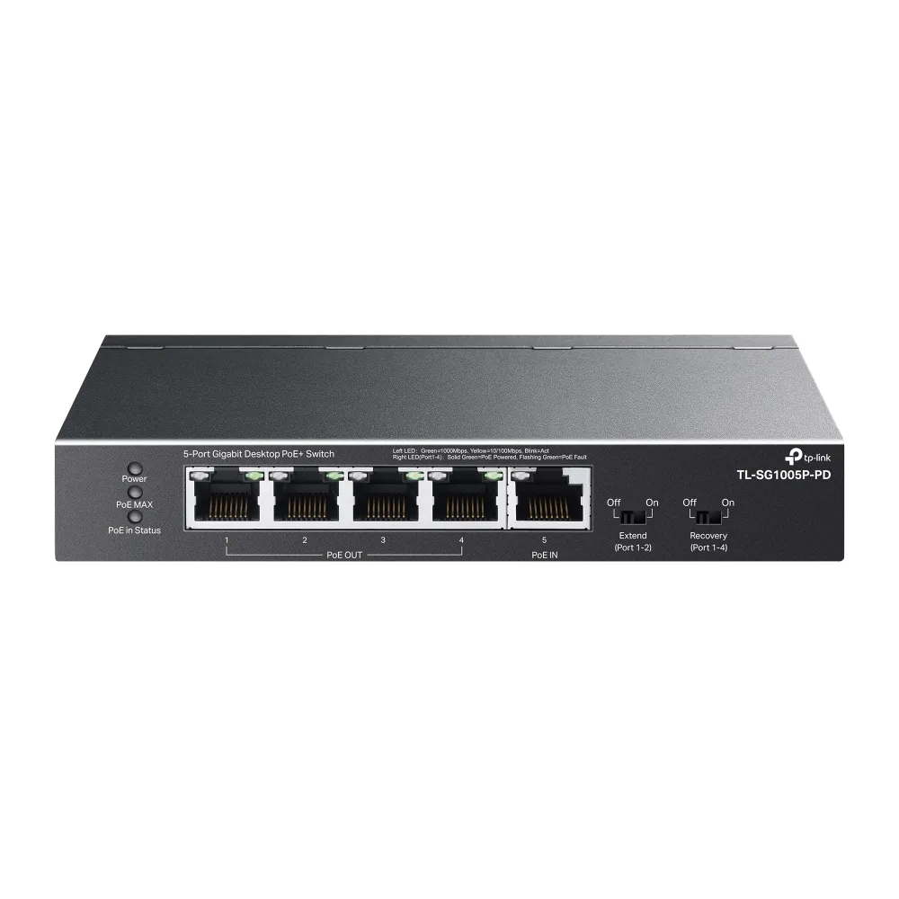 TP-Link TL-SG1005P-PD V1 - Switch - unmanaged - 4 x 10/100/1000 (PoE+) + 1 x 10/100/1000 (PoE++) - desktop, wall-mountable - PoE++ (66 W)