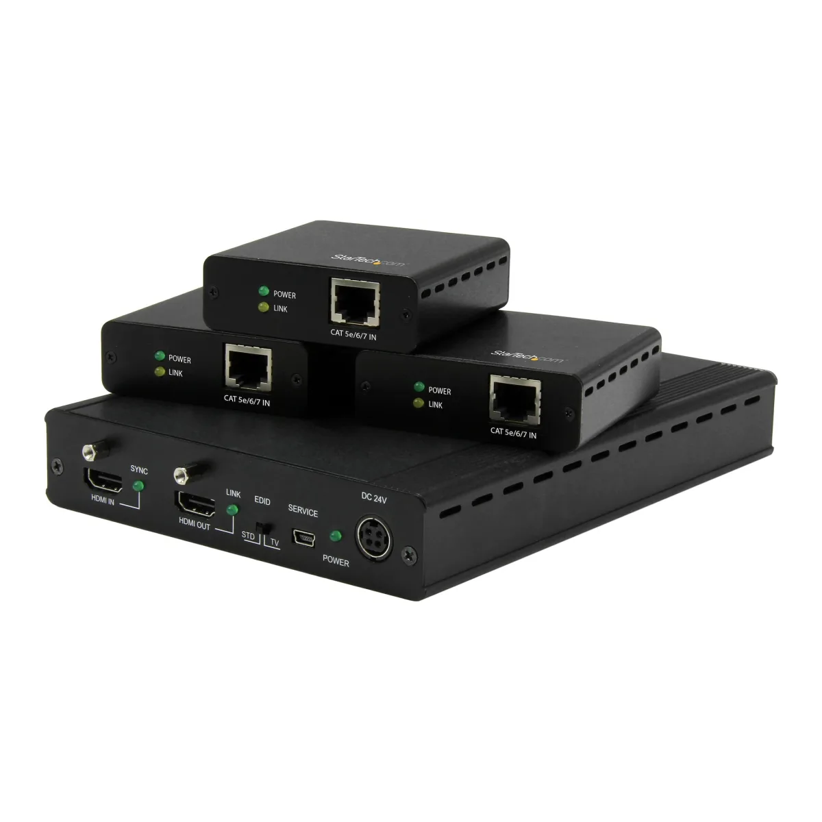 Startech 3 Way HDMI Splitter - HDBaseT Extender Kit w/ 3 Receivers - 1x3 HDMI over CAT5e / CAT6 Splitter - 3 Port HDBaseT HDMI Extender - Up to 4K (ST124HDBT) - Video/audio extender - up to 70 m