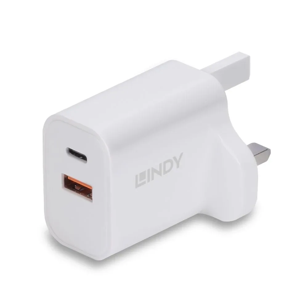 LINDY 73425 30W USB Type A & C Charger UK Plug, 3A, Power Delivery 3.0 + PPS, 2 Output Connectors (USB, 24 pin USB-C), White