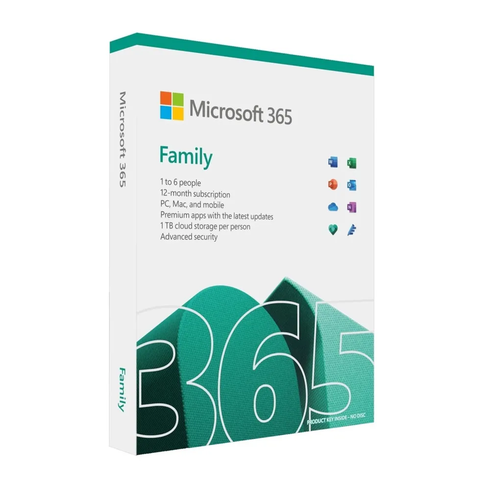 Microsoft 365 Family Medialess 1 Year Subscription 6 Users - Retail Boxed FY25H2