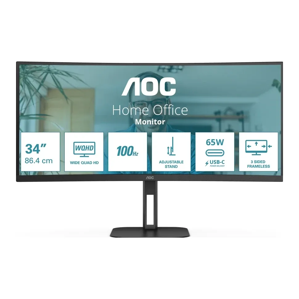 AOC Value-line CU34V5C/BK - V5 series - LED monitor - curved - 34" - 3440 x 1440 WQHD @ 100 Hz - VA - 300 cd/m² - 3000:1 - 4 ms - HDMI, DisplayPort, USB-C - speakers - matte black