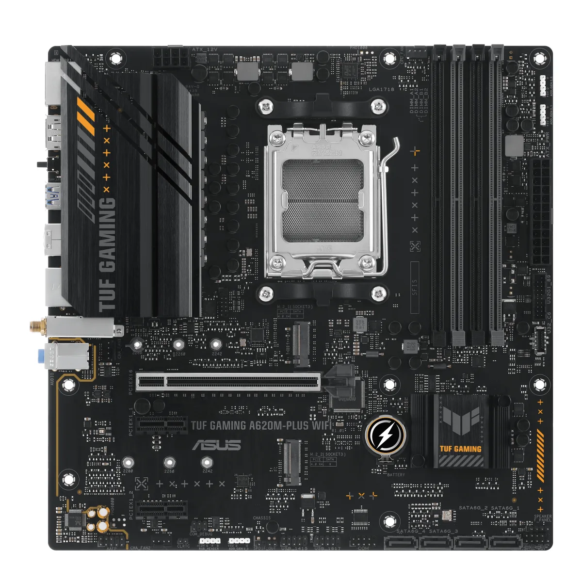 ASUS TUF GAMING A620AM-PLUS WIFI - Motherboard - micro ATX - Socket AM5 - AMD A620A Chipset - USB 3.2 Gen 1, USB-C 3.2 Gen 1, USB 3.2 Gen 2 - 2.5 Gigabit LAN, Wi-Fi 6, Bluetooth - onboard graphics (CPU required) - HD Audio (8-channel)