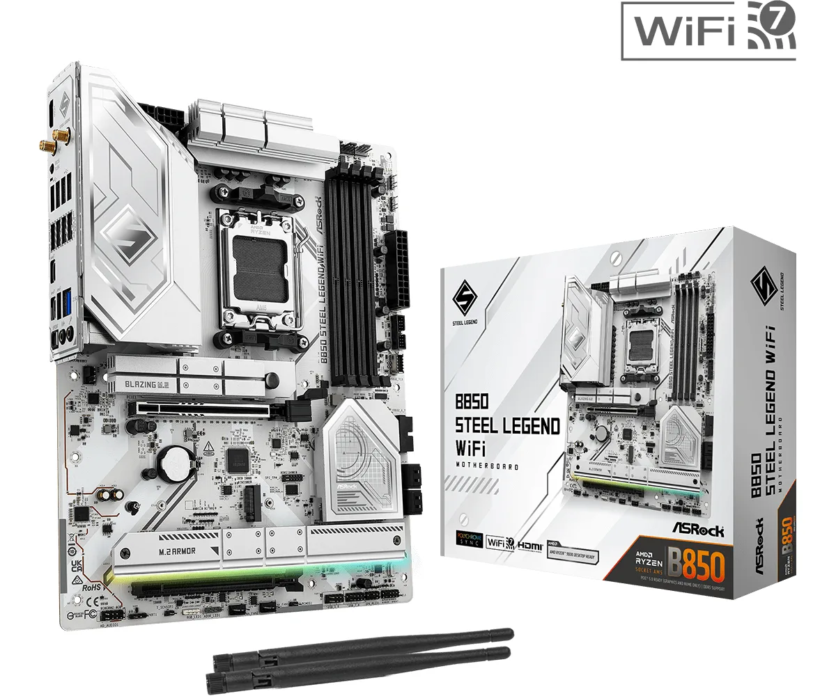 ASRock B850 Steel Legend WiFi AMD AM5 Socket Motherboard, ATX, 4x DDR5 Slots, 4x M.2 Sockets, Fitted I/O Shield, 2.5GbE LAN, Wi-Fi 7, 1x HDMI Port